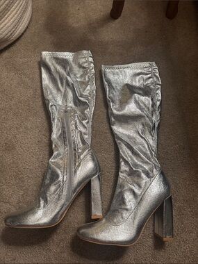 Silver Metallic Knee-High Block Heel Boots - Women's